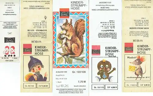5 illustrierte Beipackzettel aus den Verpackungen der Kinderstrumpfhosen. 
