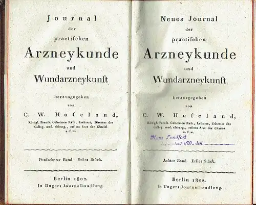 Neues Journal der practischen Arzneykunde und Wundarzneykunst
 Achter Band, 1.-4. Stück
 Journal der practischen Arzneykunde und Wundarzneykunst, 15. Band, Erstes Stück. 