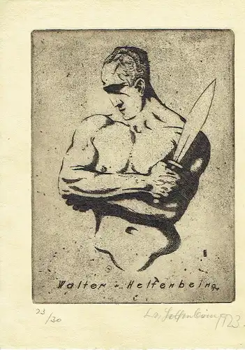 Druckgrafik Gladiator / Halbakt mit Schwert. 