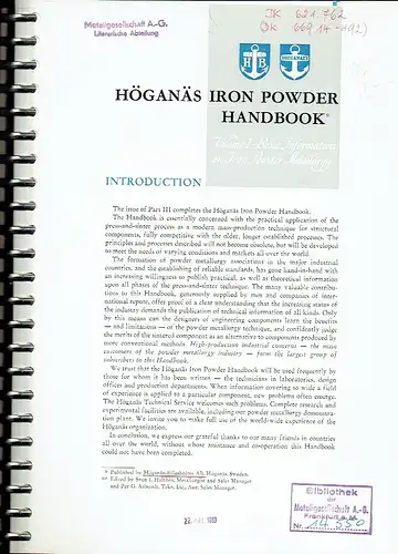 Höganäs Iron Powder Handbook
 Volume 1: Basic Information, Binder 3. 