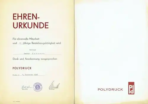 Urkunde für 15 Jahre Betriebszugehörigkeit. 