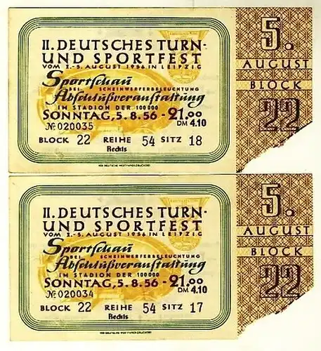 2 Eintrittskarten
 II. Deutsches Turn- und Sportfest Leipzig 1956. 