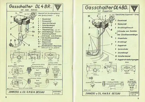 Junkers Gasschalter früher Bosch-Gasschalter
 Vorschrift für Einbau, Einstellung und Bedienung
 Druckschrift J 1001. 