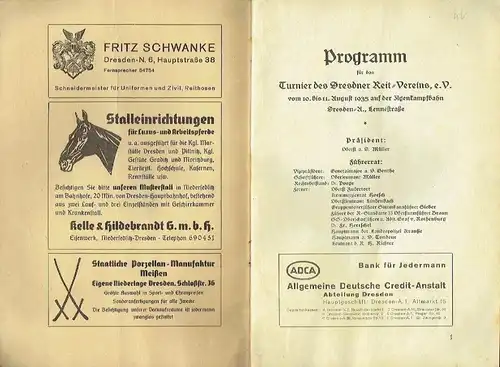 Turnier des Dresdner Reit-Vereins, e. V
 vom 10. bis 11. August 1935 auf der Ilgenkampfbahn, Dresden-A., Lennéstraße, Programm und Teilnehmerverzeichnis. 