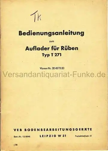 Bedienungsanleitung für Auflader für Rüben Typ T 271. 