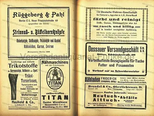 Deutscher Schneider-Kalender für das Jahr 1921
 Vereinsjahrbuch der freien Vereinigung der Herren- und Damen-Schneider zur Pflege von Mode- und Fachbildung und zur Vertretung gewerblicher Interessen. 