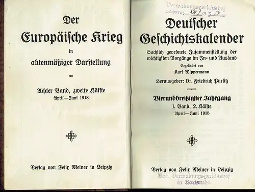 Deutscher Geschichtskalender
 Sachlich geordnete Zusammenstellung der wichtigsten Vorgänge im In- und Ausland. 