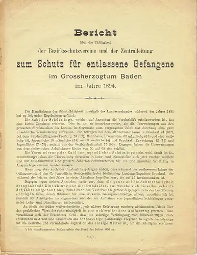 Bericht über die Thätigkeit der Bezirksschutzvereine und der Zentralleitung zum Schutz für entlassene Gefangene im Grossherzogtum Baden im Jahre 1894. 