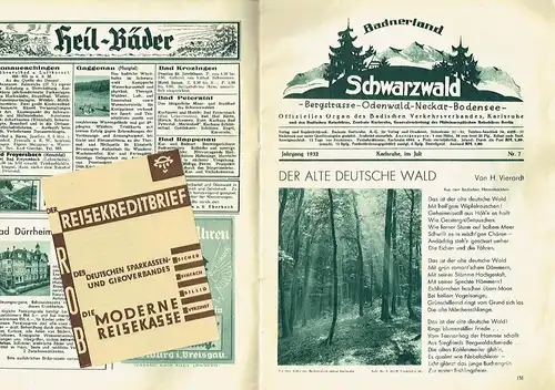 Badnerland - Schwarzwald - Bergstrasse - Odenwald - Necker - Bodensee
 Offizielles Organ des Badischen Verkehrsverbandes Karlsruhe und des Badischen Reisebüros
 Jahrgang 1932, No. 7. 