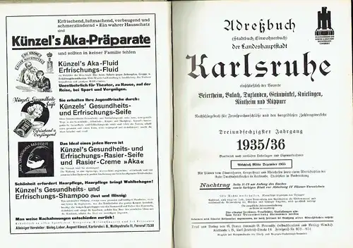 Adressbuch (Stadtbuch, Einwohnerbuch) der Landeshauptstadt Karlsruhe
 einschließlich der Vororte Beiertheim, Bulach, Daxlanden, Grünwinkel, Knielingen, Rintheim und Rüppurr
 63. Jahrgang 1935/36. 