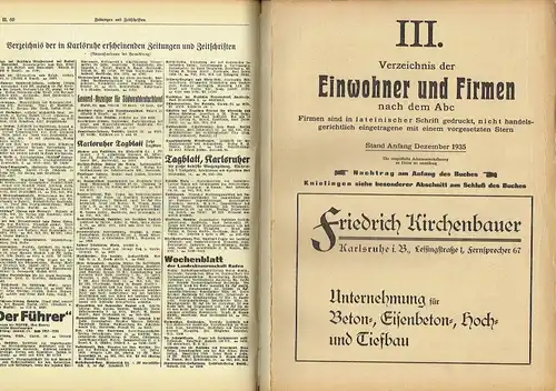 Adressbuch (Stadtbuch, Einwohnerbuch) der Landeshauptstadt Karlsruhe
 einschließlich der Vororte Beiertheim, Bulach, Daxlanden, Grünwinkel, Knielingen, Rintheim und Rüppurr
 63. Jahrgang 1935/36. 