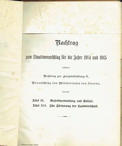 Beiheft zum Staatsvoranschlag für die Jahre 1914 und 1915
 enthaltend die Nachträge. 