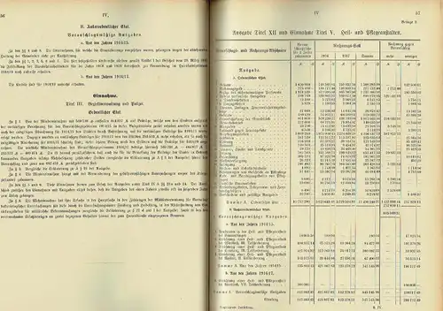 Vergleichende Darstellung der Voranschlagssätze und Rechnungsergebnisse für die Jahre 1916 und 1917
 Heft 527 der Drucksachensammlung der Zweiten Kammer. 