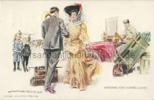 Speeding the coming guest - pinx Howard Chandler Christy 1905
 Ansichtskarte / Postkarte, benutzt 5.4.1911 Dresden Copyright Moffat, Yard & Co. 1909 / Sole Distributer, Edward Gross, N. Y. (Series No. 3) / Vertrieb: "Novitas", Berlin No. 21685 / Entered a