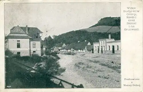 Pozdrowienie z Mszany Dolnej   Widok budynków Gminy, Rzezni oraz Slomki i na Grunwald
 Ansichtskarte / Postkarte, Motiv aus Mszany Dolna / Beskiden /.. 