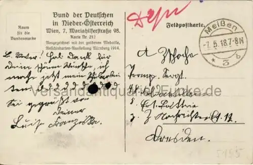 Feldpostkarte Nr. 212
 Ansichtskarte / Postkarte, Motiv aus Frankreich, benutzt Feldpost Meißen 7.5.1918 (ohne Marke). 