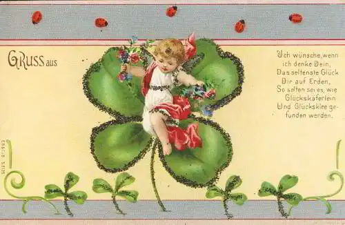Gruss aus
 Ansichtskarte / Postkarte, Motiv Engel mit aufgeklebtem Strass, Verlagsnummer 9135, unbenutzt. 