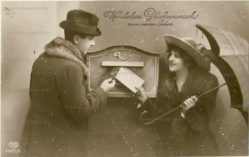5 Glückwunschkarten zum Neujahr 1906 bis 1942
 original Postkarten. 