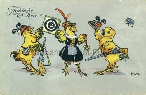 Fröhliche Ostern
 Ansichtskarte / Postkarte, Verlagsnummer 4611-4, benutzt Sebnitz 11.4.1914, Zeichnung von Hatz. 