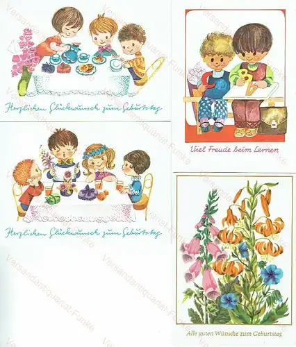 4 DDR-Postkarten Kinder Geburtstag Schule Lernen Blumen
 liebevoll gestaltete Karten. 