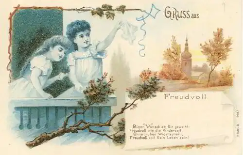 Gruss aus
 Ansichtskarte / Postkarte, Motiv 2 Mädchen winken, mit aufgeklebtem Strass, Verlagsnummer 9237, unbenutzt, Lithografie. 