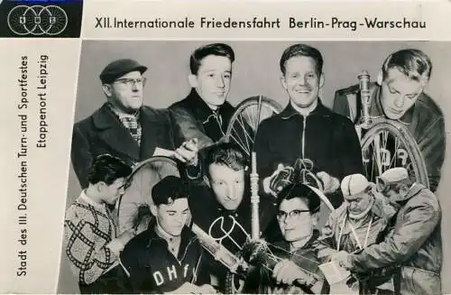 XII. Friedensfahrt 1959
 Ansichtskarte / Postkarte, Motiv aus Sachsen, Verlagsnummer Lp 2574/59, unbenutzt, Foto-Montage: Dittrich, Gestaltung: DEWAG-Werbung Leipzig. 