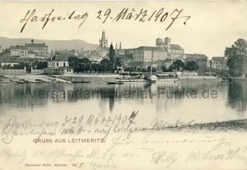 Gruss aus Leitmeritz
 Ansichtskarte / Postkarte, Motiv aus Böhmen, heute Litomerice in Tschechien, Verlagsnummer 162, unbenutzt, aber mit privaten Notizen vom März 1907. 