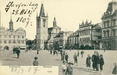 Leitmeritz - Marktplatz
 Ansichtskarte / Postkarte, Motiv aus Böhmen / heute Litomerice in Tschechien, Verlagsnummer 10620, unbenutzt, aber mit privaten Notizen vom März 1907. 