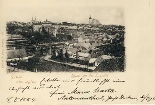 Gruss aus Iglau (Iglau von der Südseite)
 Ansichtskarte / Postkarte, Motiv aus Böhmen, heute Jihlava in Tschechien, Verlagsnummer 370, benutzt 10.4.1900 Iglau. 