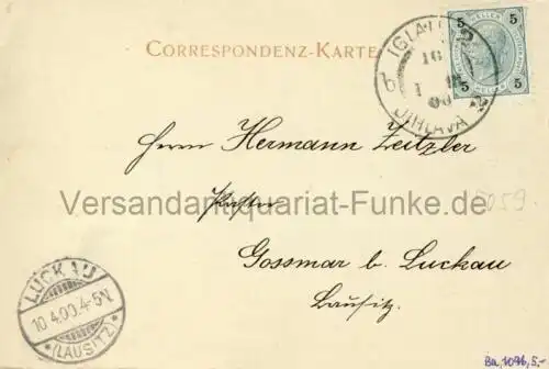 Gruss aus Iglau (Iglau von der Südseite)
 Ansichtskarte / Postkarte, Motiv aus Böhmen, heute Jihlava in Tschechien, Verlagsnummer 370, benutzt 10.4.1900 Iglau. 