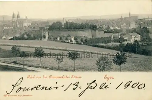 Eger - Blick von der Franzensbader Strasse
 Ansichtskarte / Postkarte, Motiv aus Cheb in Tschechien, Verlagsnummer 413, unbenutzt, (1900 privat datiert, Rückseite leer). 