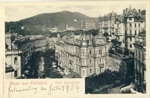 Gruss aus Karlsbad - Obere Parkstrasse
 Ansichtskarte / Postkarte, Motiv aus Böhmen, heute Karlovy Vary in Tschechien, unbenutzt, aber privat datiert, Rückseite leer. 