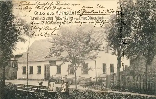 Gruss aus Hermsdorf - Gasthaus zum Felsenkeller von Emma Schwarzbach
 Ansichtskarte / Postkarte, Motiv aus Böhmen, heute Heřmanice u Frýdlantu in Tschechien, benutzt 27.9.1906, Absenderin und Emma Schwarzbach waren mit der Empfängerin verwandt. 