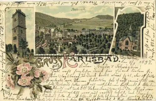 Gruss aus Karlsbad
 Ansichtskarte / Postkarte, Motiv aus Böhmen / Karlovy Vary in Tschechien, benutzt 8.7.1897. 