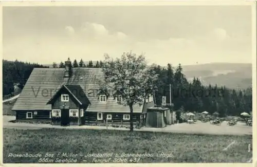 Proxenbaude Bes. F. Müller - Jacobsthal b. Schreiberhau i. Rsgb
 Ansichtskarte / Postkarte, Motiv aus Schlesien, heute Jakuszyce in Polen, Verlagsnummer 36520, benutzt 17.8.1941 Mittel Schreiberhau, Echtfoto. 