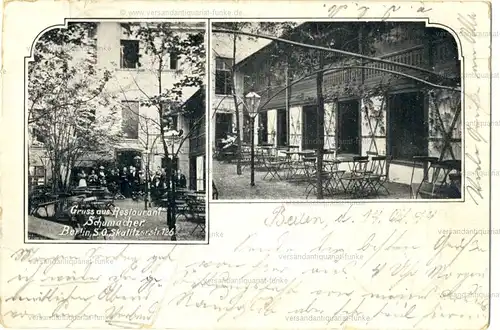 Gruss aus Restaurant Schumacher, Berlin, Skalitzer Straße 126
 Ansichtskarte / Postkarte, Motiv aus Berlin, benutzt 15.10.1899. 