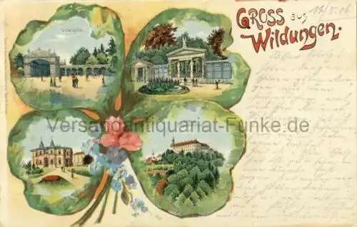 Gruss aus Wildungen (Victorquelle / Neues Kurhaus / Helenenquelle / Schloss Friedrichstein)
 Ansichtskarte / Postkarte, Motiv aus Hessen, benutzt 11.5.1906 Bahnstempel. 