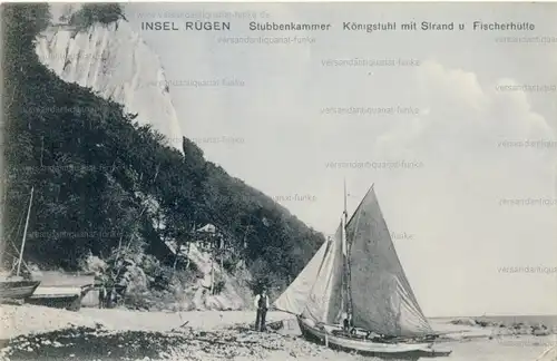 Insel Rügen - Stubbenkammer, Königstuhl mit Strand und Fischerhütte
 Ansichtskarte / Postkarte, Motiv aus Mecklenburg-Vorpommern, Verlagsnummer Rügen Nr. 12, unbenutzt. 