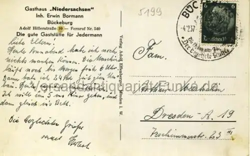 Gasthaus "Niedersachsen" Bückeburg, Inh. Erwin Bormann
 Ansichtskarte / Postkarte, Motiv aus Niedersachsen, benutzt Bückeburg 4.2.1937 Sonderstempel. 