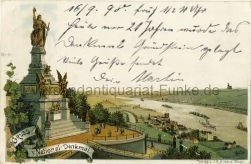 Gruss v. National-Denkmal Niederwald
 Ansichtskarte / Postkarte, Motiv aus Nordrhein-Westfalen, benutzt 16.9.1898, Chromolithografie. 