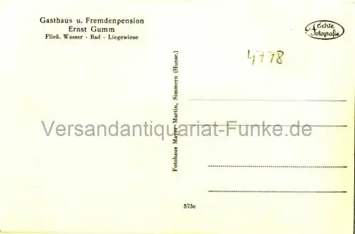 Holzbach b. Simmern - Gasthaus u. Fremdenpension Ernst Gumm
 Ansichtskarte / Postkarte, Motiv aus Rheinland-Pfalz / Hunsrück, Verlagsnummer 573e, unbenutzt, Echtfoto. 