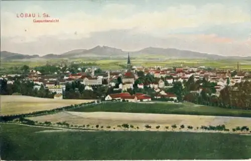 Löbau - Gesamtansicht
 Ansichtskarte / Postkarte, Motiv aus Sachsen, Verlagsnummer Löb. 1, benutzt 22.10.1911 Bahnpost Zug ??? Dresden-Kohlfurt-Breslau, Chromolitho. 