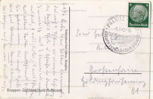 Gruppen-Luftschutzschule Hosterwitz
 Ansichtskarte / Postkarte, Motiv aus Dresden, benutzt 6.1.1942. 