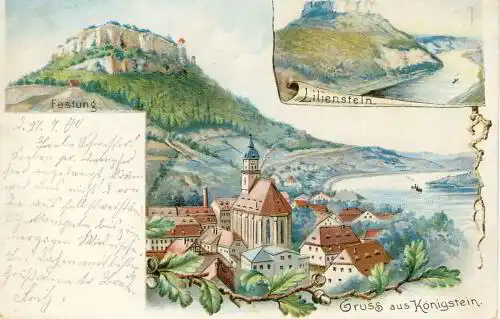 Gruss vom Königstein (mit kleinerem Bild des Lilienstein)
 Ansichtskarte / Postkarte, Motiv aus Sächsische Schweiz / Sachsen, benutzt 27.7.1900 Schandau, Lithografie. 