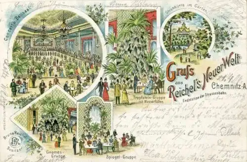 Gruss aus Reichel's Neuer Welt Chemnitz
 Ansichtskarte / Postkarte, Motiv aus Sachsen, benutzt 23.4.1906. 