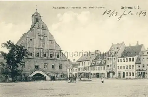 Grimma - Marktplatz mit Rathaus und Marktbrunnen
 Ansichtskarte / Postkarte, Motiv aus Sachsen, Verlagsnummer 26, unbenutzt, aber mit privater Notiz vom Juli 1913. 