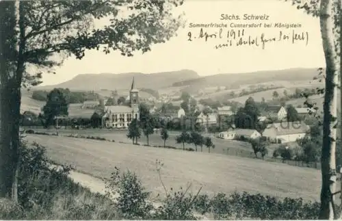 Sommerfrische Cunnersdorf b. Königstein
 Ansichtskarte / Postkarte, Motiv aus Sachsen / Sächsische Schweiz, Verlagsnummer 1219, unbenutzt, aber mit privater Notiz vom April 1911. 