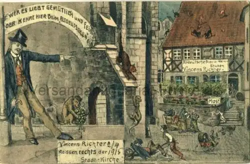 Vincens Richter, Meissen rechts der Stadt-Kirche
 Ansichtskarte / Postkarte, Motiv aus Sachsen, Verlagsnummer R 0798, unbenutzt, aber mit privaten Notizen vom April 1915, handkoloriert. 