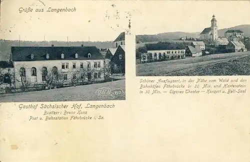 Grüße aus Langenbach
 Ansichtskarte / Postkarte, Motiv seit 1996 Langenweißbach bei Schneeberg / Sachsen, benutzt 31.7.1932 Zwickau (Sonderstempel Sächsische Steinkohle / Sächsischer Zechenkoks) Gasthof Sächsischer.. 