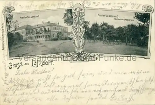 Gruss aus Lotzdorf (Gasthof zu Lotzdorf / Restaurationsgarten)
 Ansichtskarte / Postkarte, Motiv aus Stadtteil von Radeberg, benutzt 9.10.1911 Dresden, Jugendstil. 